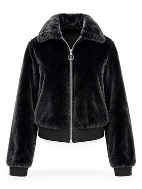 SO Women’s Black Faux Fur Zip Bomber Jacket L/G (11-13) Plush Teddy Coat